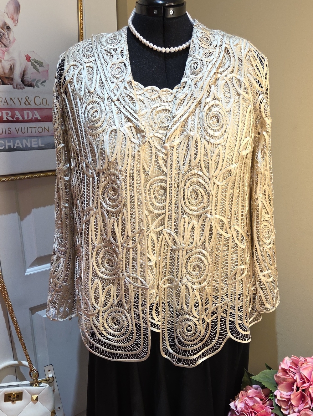 Nwot 2X 100% Silk Soulmates Cream Lace With Shiny Stones Overlay Top + Jackets